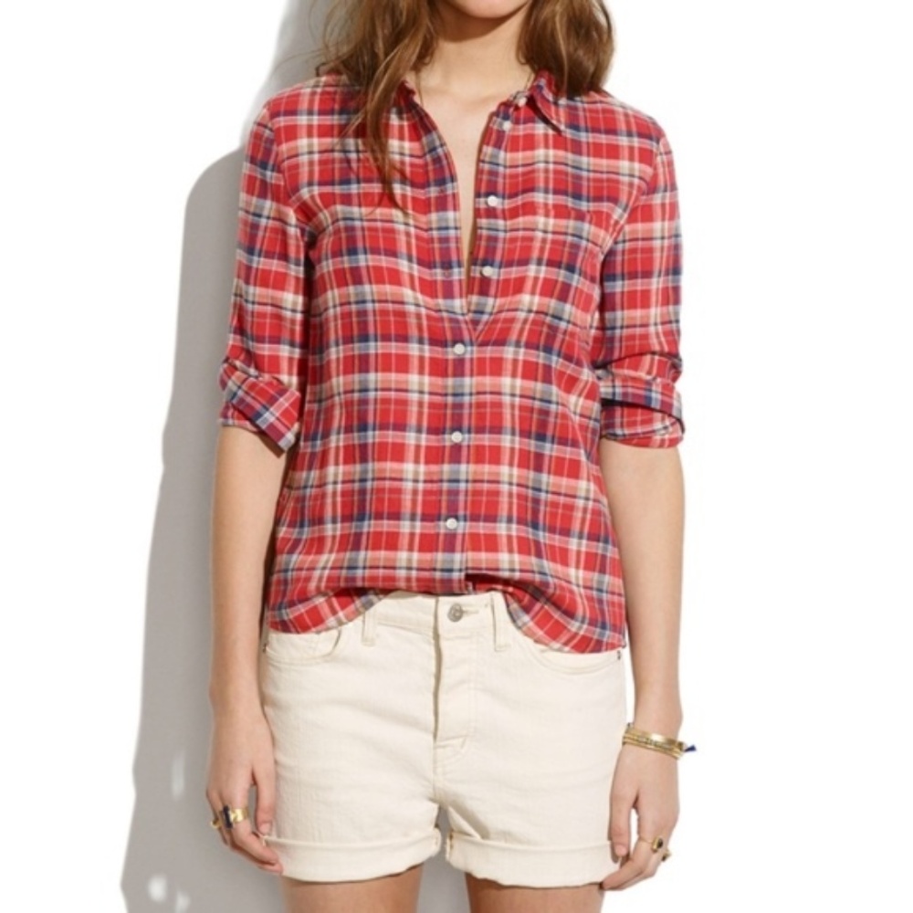 Madewell Red Boyshirt Suntour Plaid Flannel Blouse - Picture 2 of 8